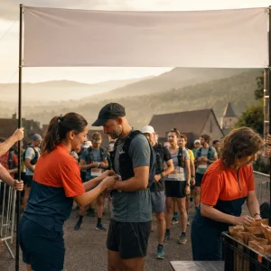Arche de départ d'un trail, coureurs prêts à s'élancer