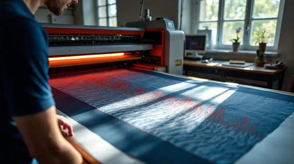 Presse de sublimation grand format imprimant des panneaux de maillots marine et rouge
