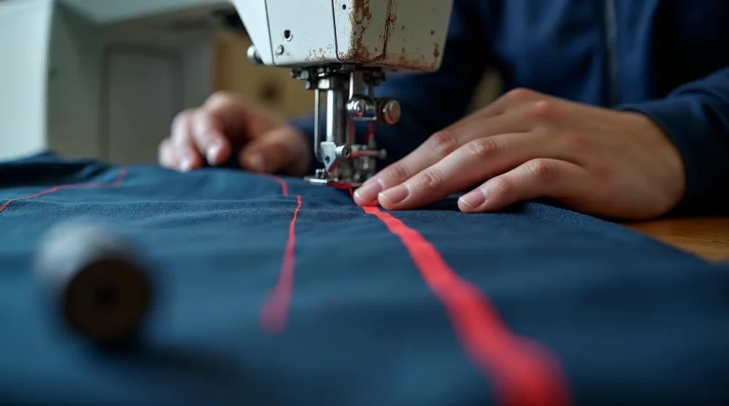 Mains guidant un tissu technique marine sous une machine à coudre industrielle