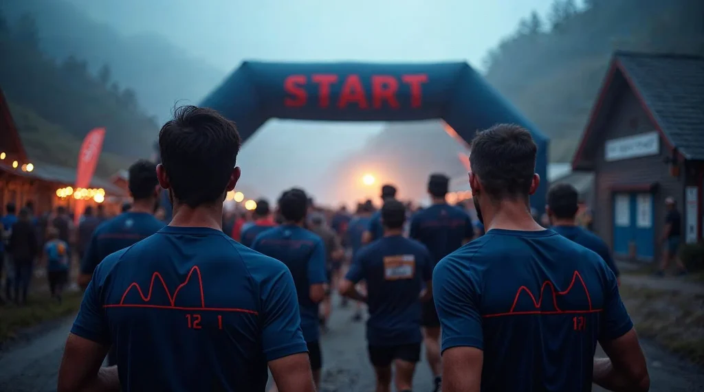 Coureurs en tee-shirts marine sous l'arche de départ d'un trail, à l'aube
