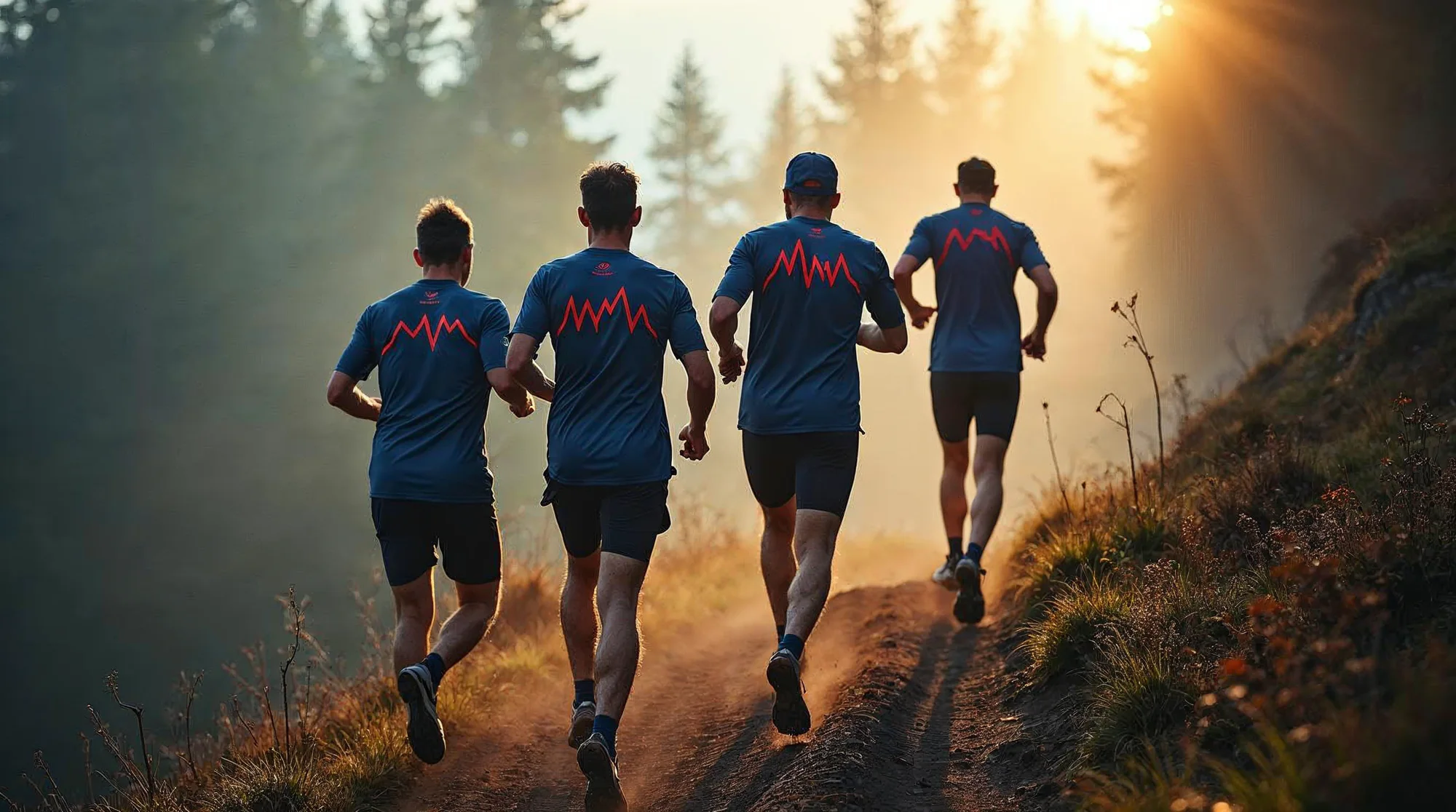 Quatre coureurs en maillots marine assortis sur un sentier de crête dans la brume