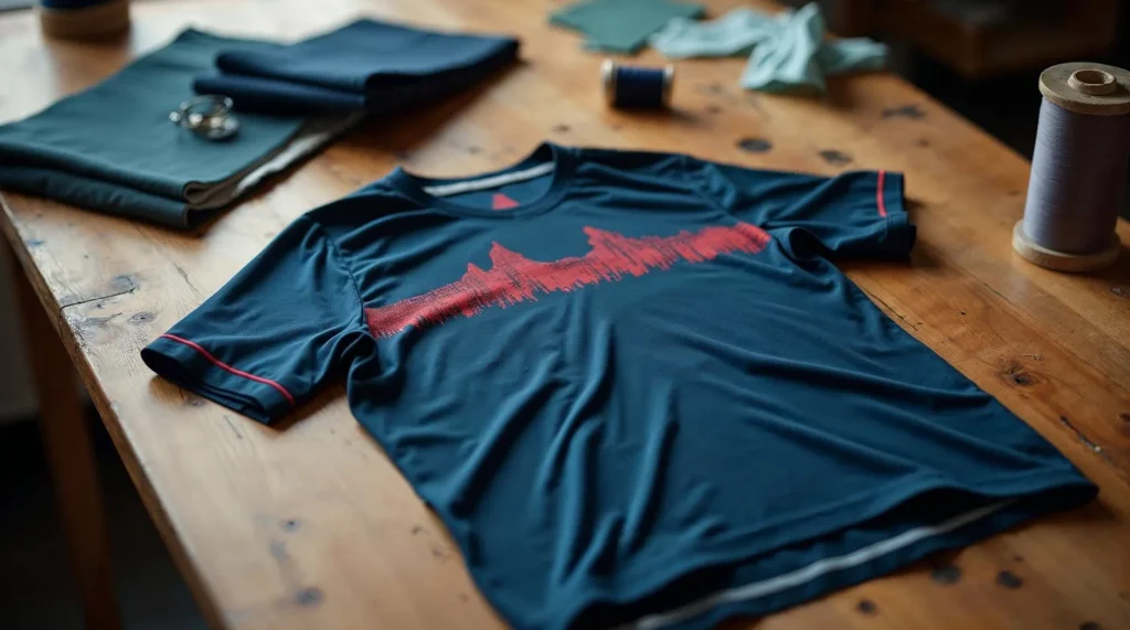 Maillot de trail marine au motif de ligne de dénivelé rouge, posé sur l'établi de l'atelier