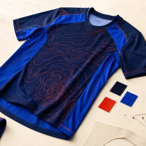 Maillot de trail personnalisé posé sur l'établi de l'atelier